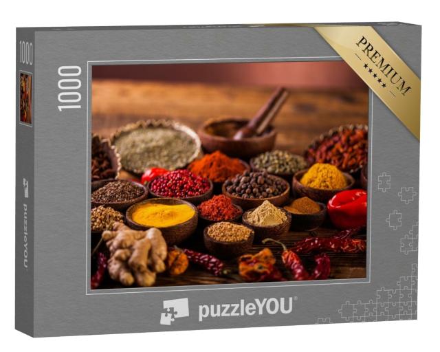 Puzzle 1000 Teile „Holztisch mit bunten Gewürzen“