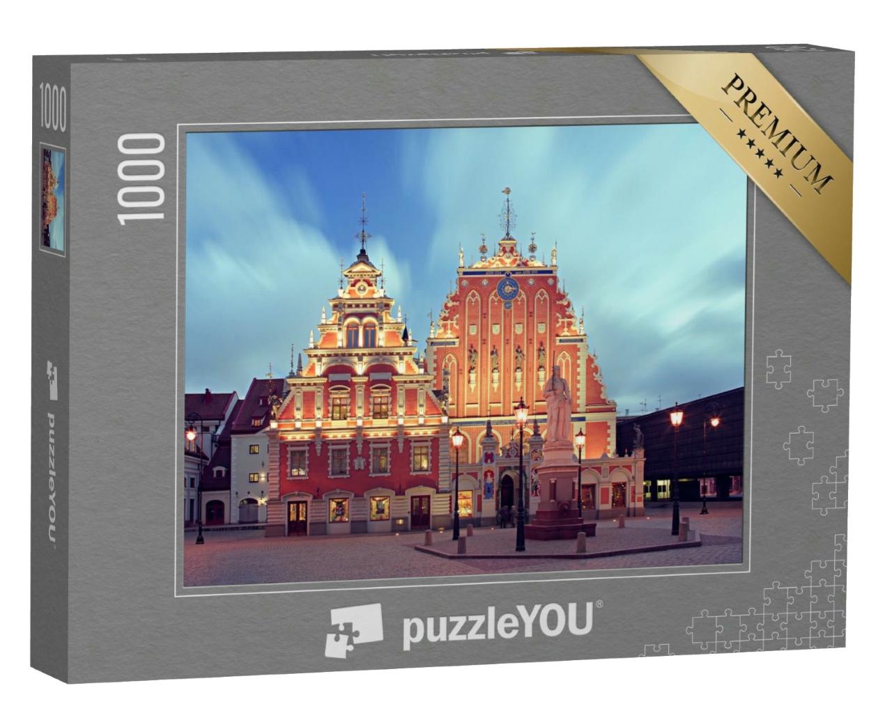 Puzzle 1000 Teile „Wunderschön beleuchtetes Schwarzhäupterhaus in Riga, Lettland“