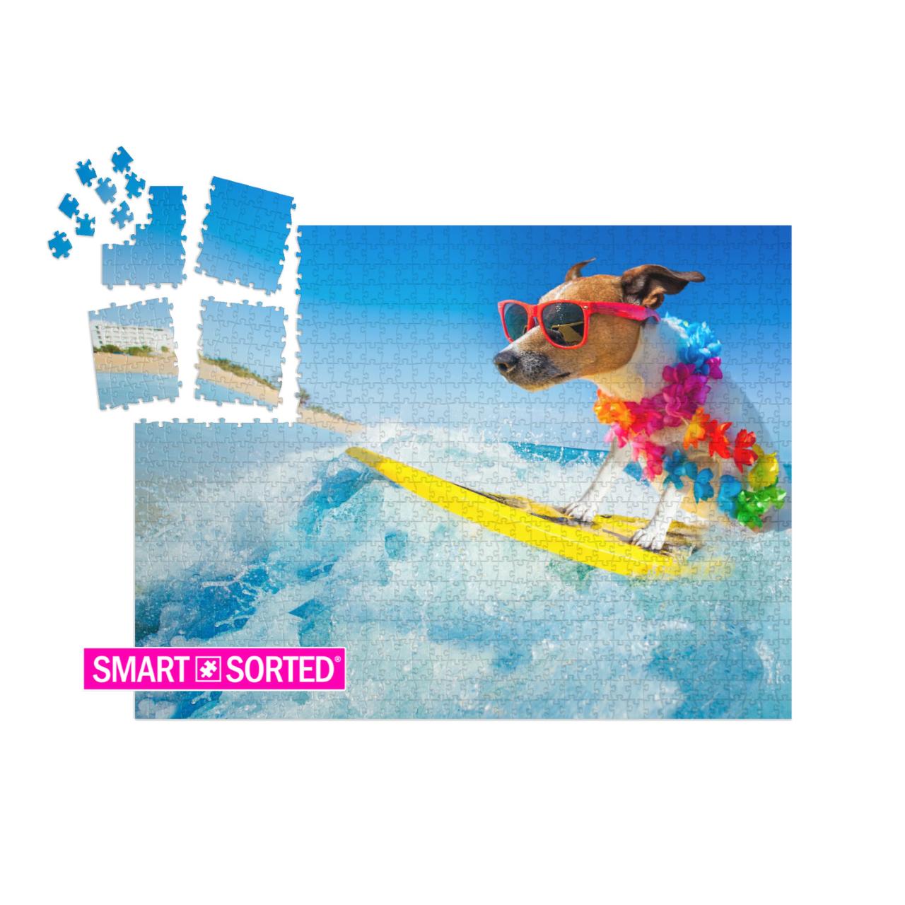 SMART SORTED® | Puzzle 1000 Teile „Der König der Surfer: Jack Russell-Hund surft die perfekte Welle“