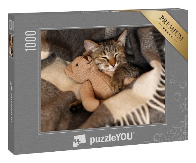 Puzzle 1000 Teile „Kleines Kätzchen mit seinem Lieblingsstofftier beim Mittagschlaf“