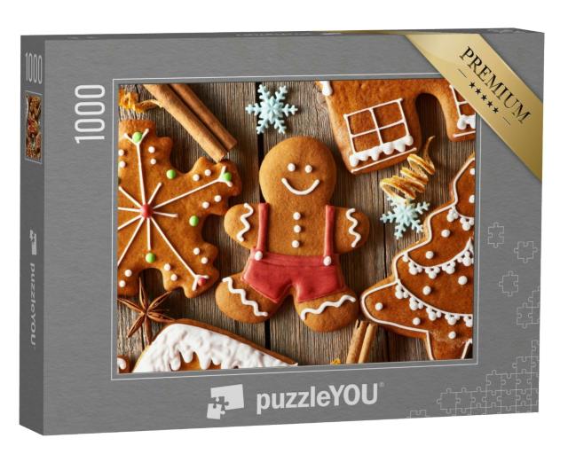 Puzzle 1000 Teile „Weihnachten: hausgemachte Lebkuchen auf Holztisch“