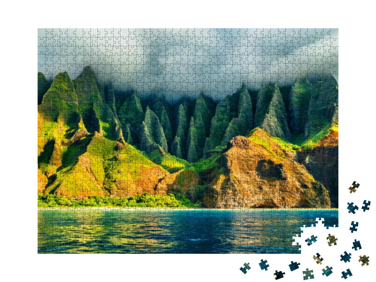 Puzzle 1000 Teile „Küstenlinie von Hawaii bei Sonnenuntergang, Blick vom Meer, Na Pali, USA“
