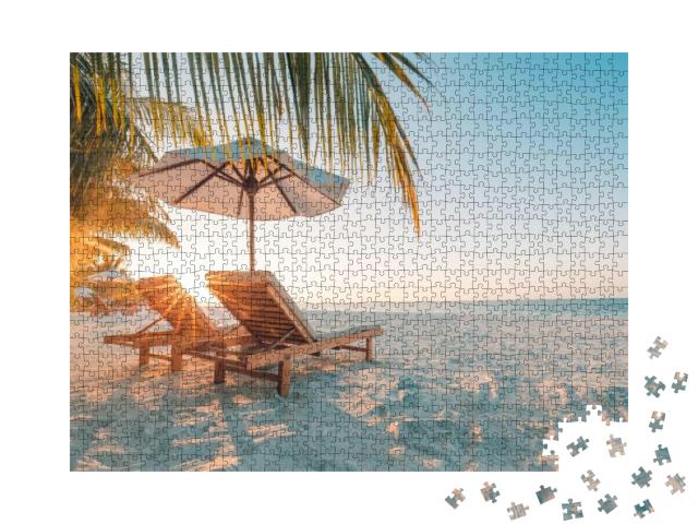 Puzzle 1000 Teile „Strandparadies mit weißem Sand im Sonnenuntergang“