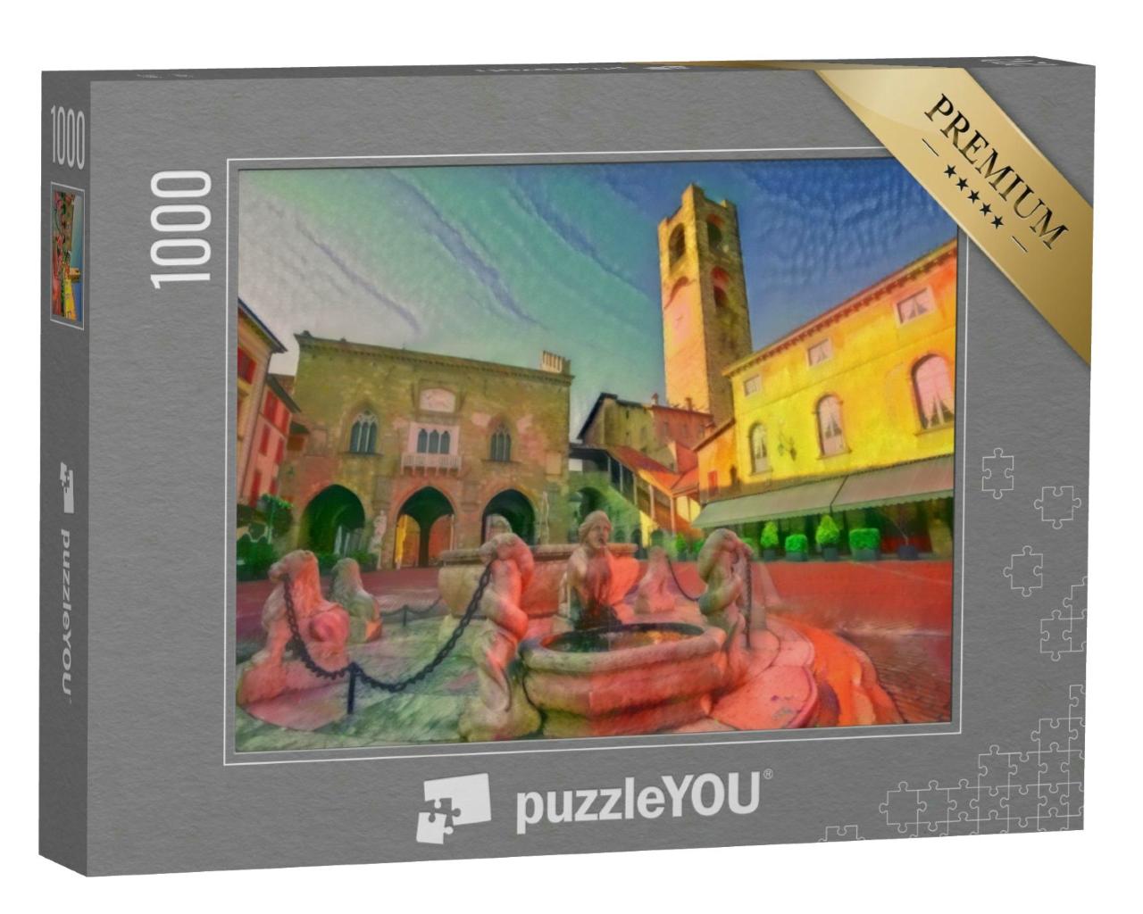 Puzzle 1000 Teile „im Kunst-Stil von Franz Marc - Piazza Vecchia in der Altstadt von Bergamo“