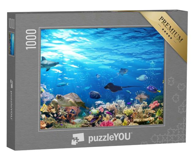 Puzzle 1000 Teile „Unterwasser-Szene mit Korallenriff, Fischen, Haien, Schildkröte und Manta“