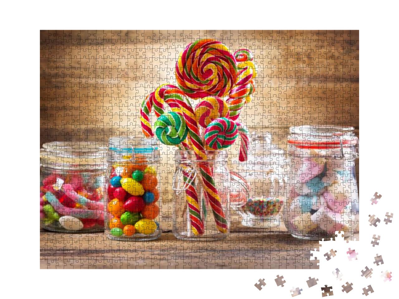 Puzzle 1000 Teile „Bunte Bonbons, Gelees, Lutscher, Marshmallows und Marmelade in Glasgefäßen“