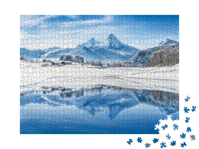 Puzzle 1000 Teile „Traumhafte Winterlandschaft der Alpen: Panorama auf verschneite Gipfel“