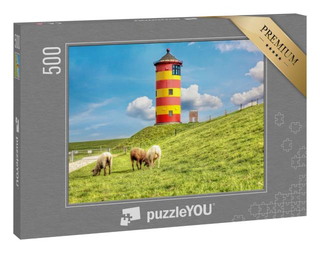Puzzle 500 Teile „Schafe vor dem Pilsumer Leuchtturm an der deutschen Nordseeküste“