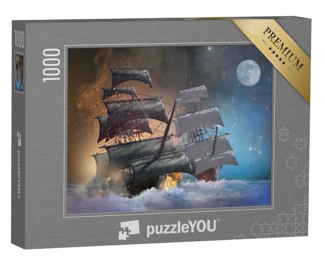 Puzzle 1000 Teile „Illustration: Piratenschiff in einer nächtlichen Seeschlacht“