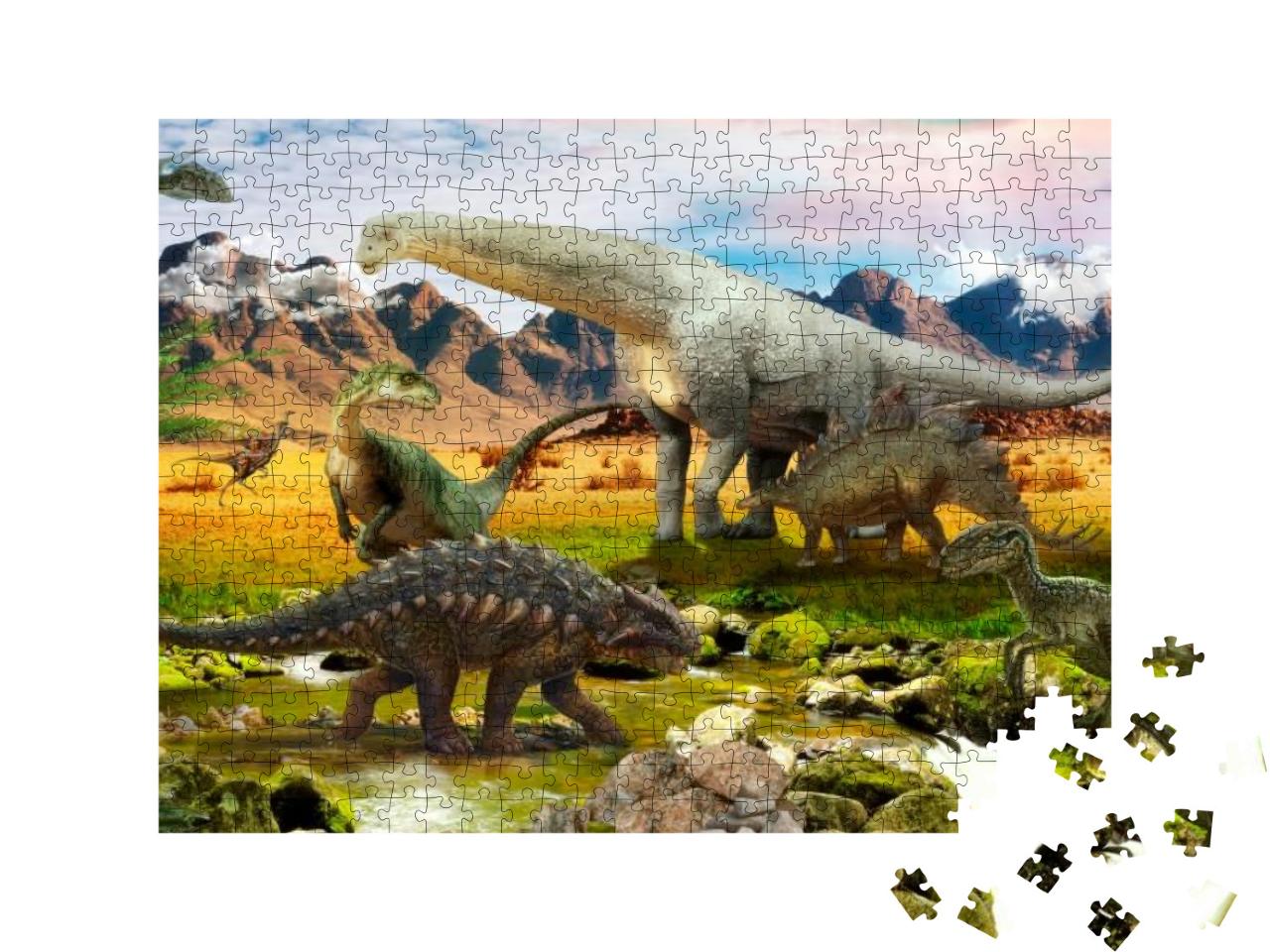 Puzzle 500 Teile „Illustration: Dinosaurier, Park am See“