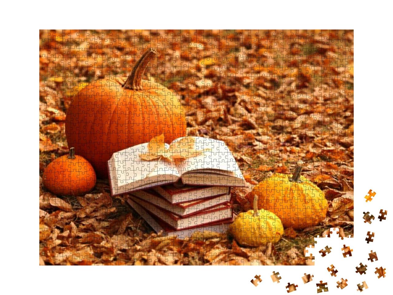 Puzzle 1000 Teile „Herbstliche Szene mit Büchern und Kürbissen“