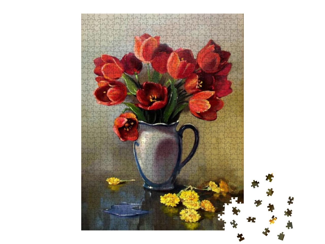 Puzzle 1000 Teile „Blumenstrauß aus Tulpen in einer Keramikvase und Löwenzahn auf dem Tisch“