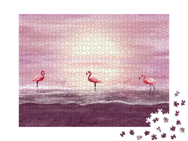 Puzzle 1000 Teile „Rosa Flamingos in glitzerndem Wasser“