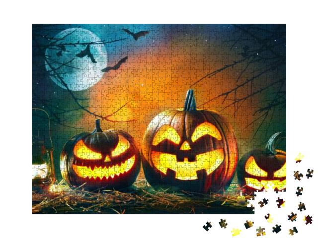 Puzzle 1000 Teile „Grinsende geschnitze Halloween-Kürbisse“