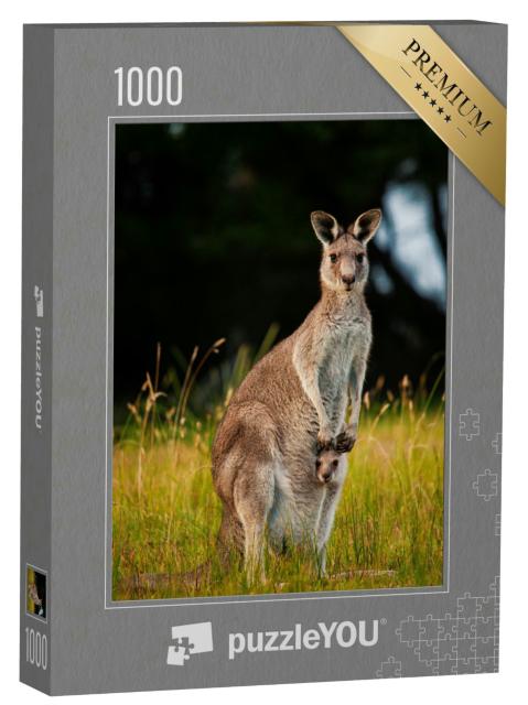 Puzzle 1000 Teile „Känguru-Mutter mit neugierigem Jungtier im Beutel“