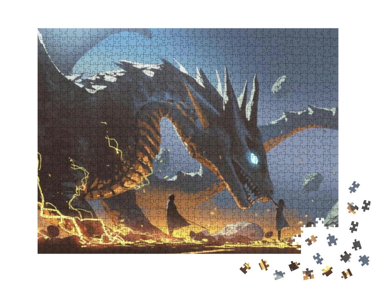 Puzzle 1000 Teile „Fantasieszene einer Frau, welche nach dem Drachen greift“