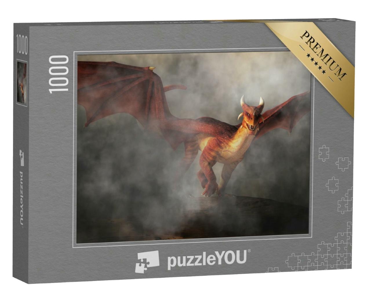 Puzzle 1000 Teile „Ein roter Drache taucht aus Nebel und Rauch auf“
