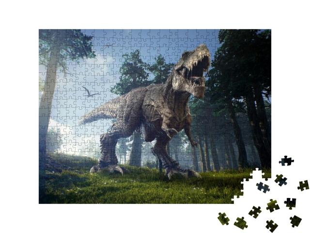 Puzzle 500 Teile „Jagdgründe eines Tyrannosaurus Rex mit zwei Quetzalcoatlus“