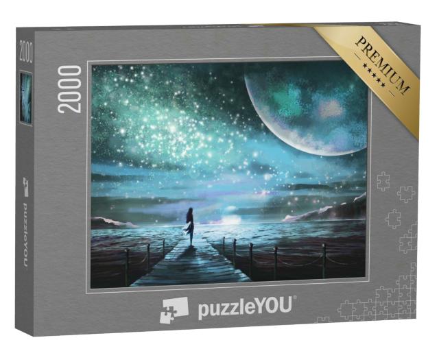 Puzzle 2000 Teile „Fantasy-Illustration: Junge Frau im Anblick der Galaxie“