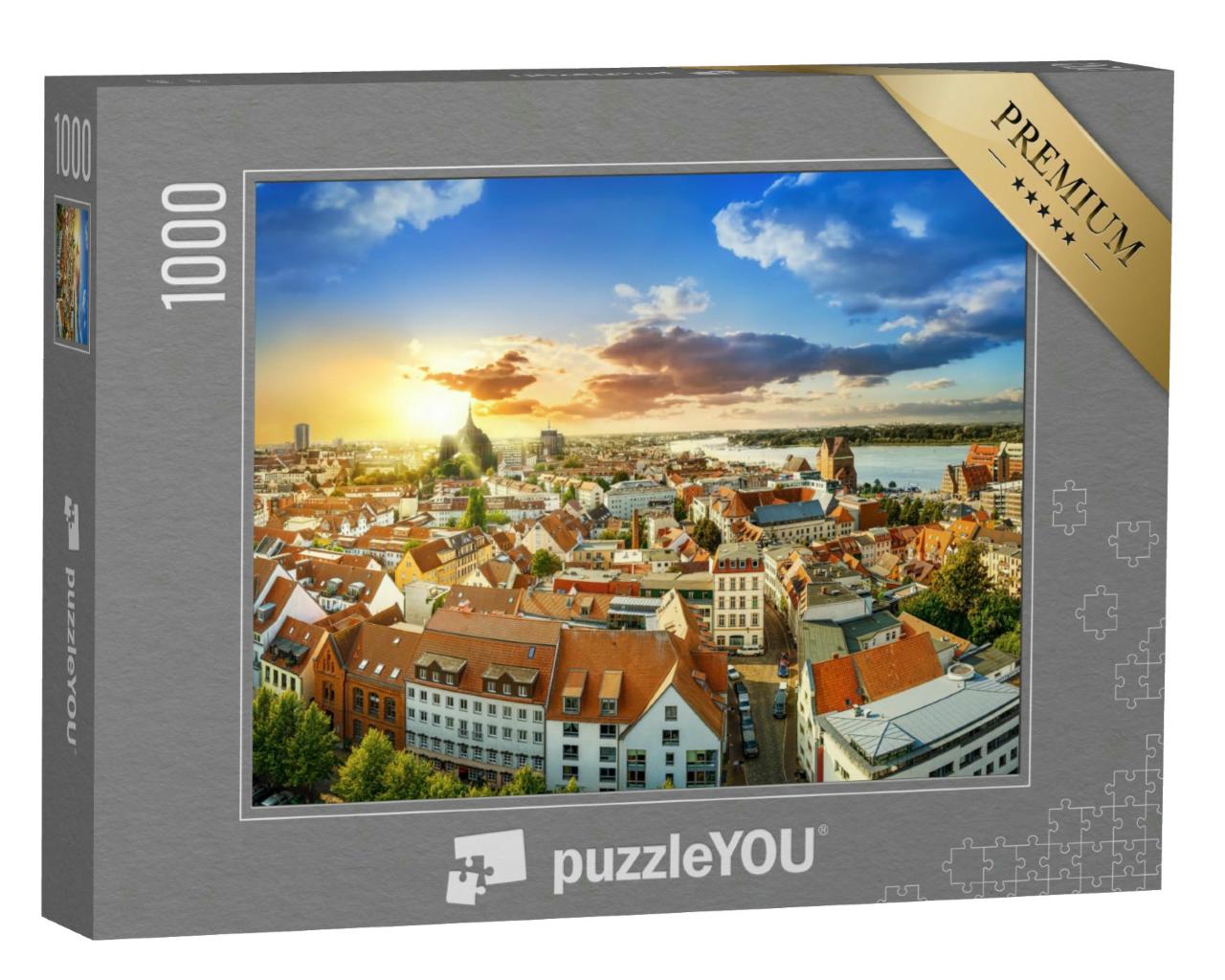Puzzle 1000 Teile „Innenstadt von Rostock bei Sonnenuntergang, Deutschland“