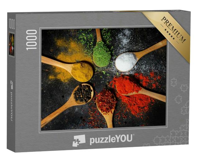 Puzzle 1000 Teile „Auswahl von Gewürzen und Kräutern auf Gewürzlöffeln“