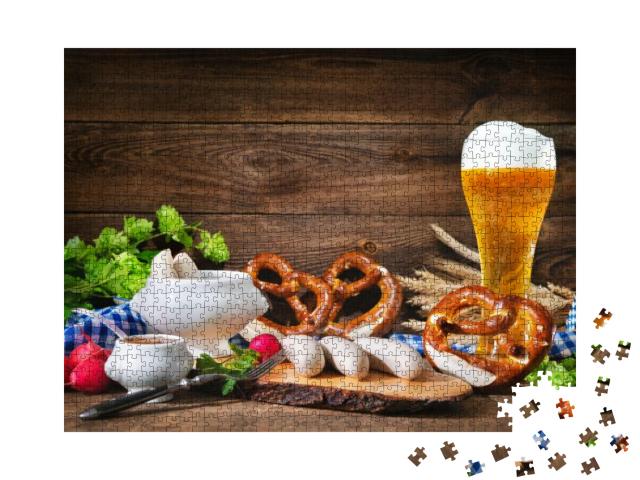 Puzzle 1000 Teile „Typisch bayerisch: Weißwurstfrühstück mit Brezeln“