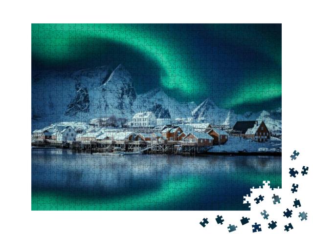Puzzle 1000 Teile „Winterlandschaft mit Polarlicht über Reine“