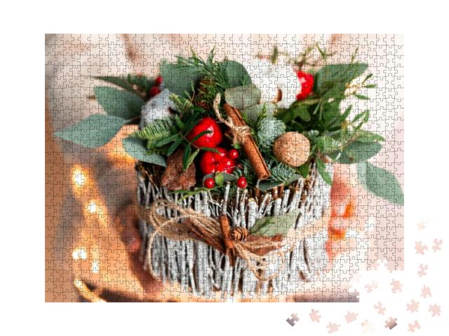 Puzzle 1000 Teile „Weihnachtsdekoration mit Nelken, Chrysanthemen und Tanne“