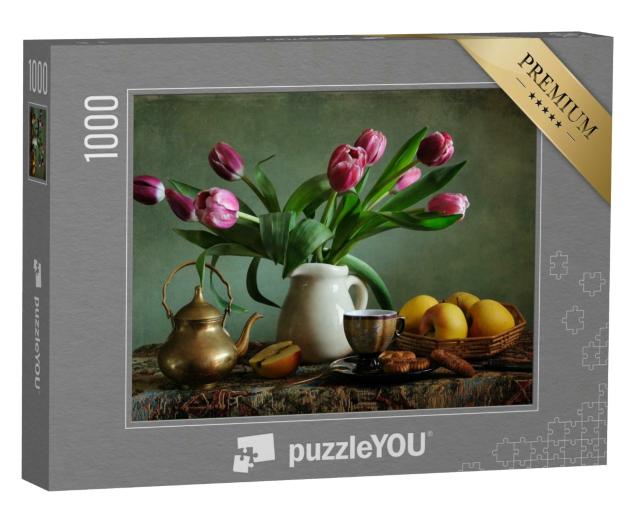 Puzzle 1000 Teile „Stillleben mit rosa Tulpen und Äpfeln“