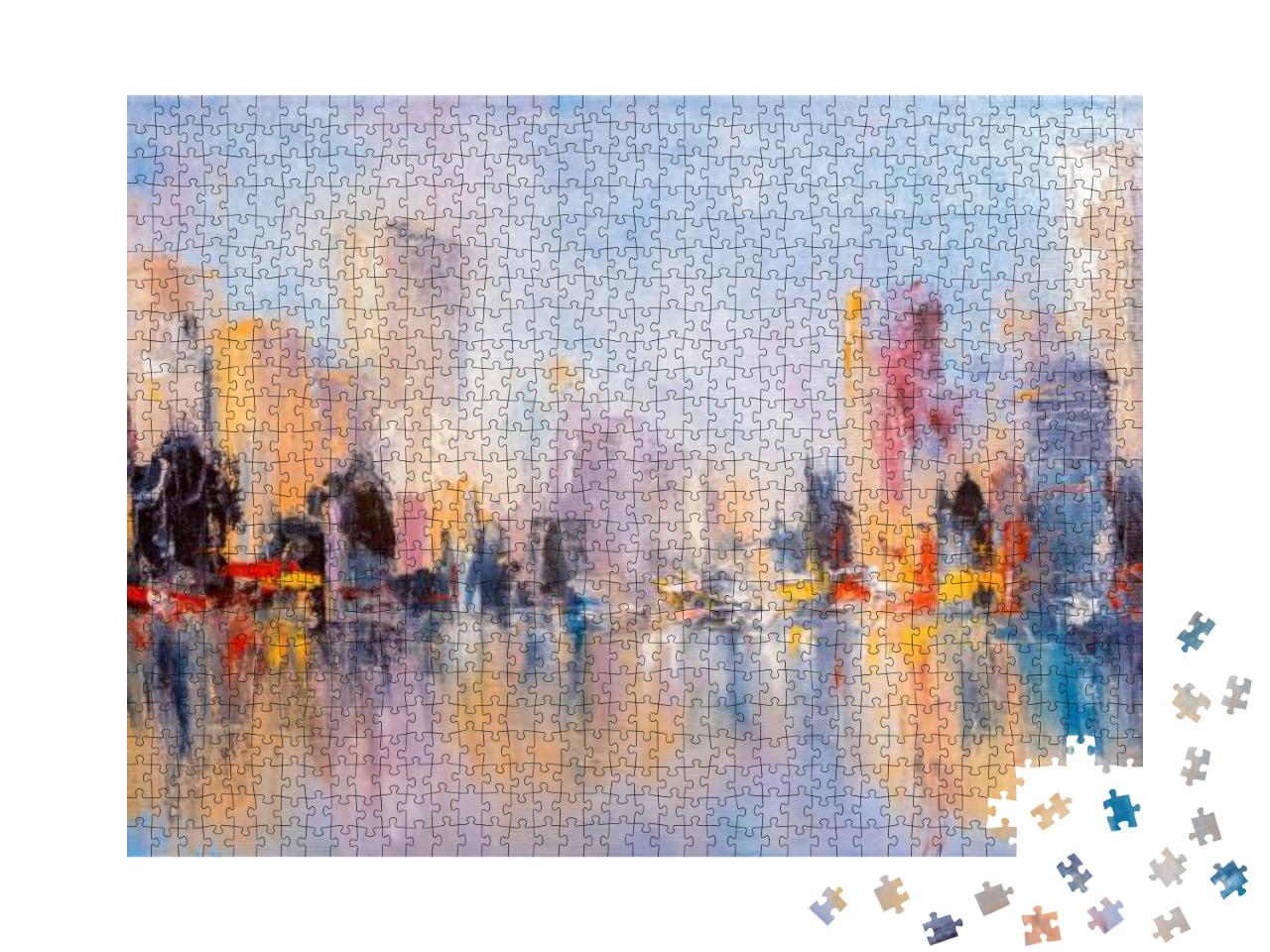Puzzle 1000 Teile „Ölgemälde: Skyline mit Reflexionen auf dem Wasser“