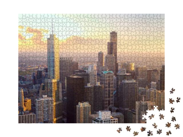 Puzzle 1000 Teile „Chicago Wolkenkratzer bei Sonnenuntergang, USA“