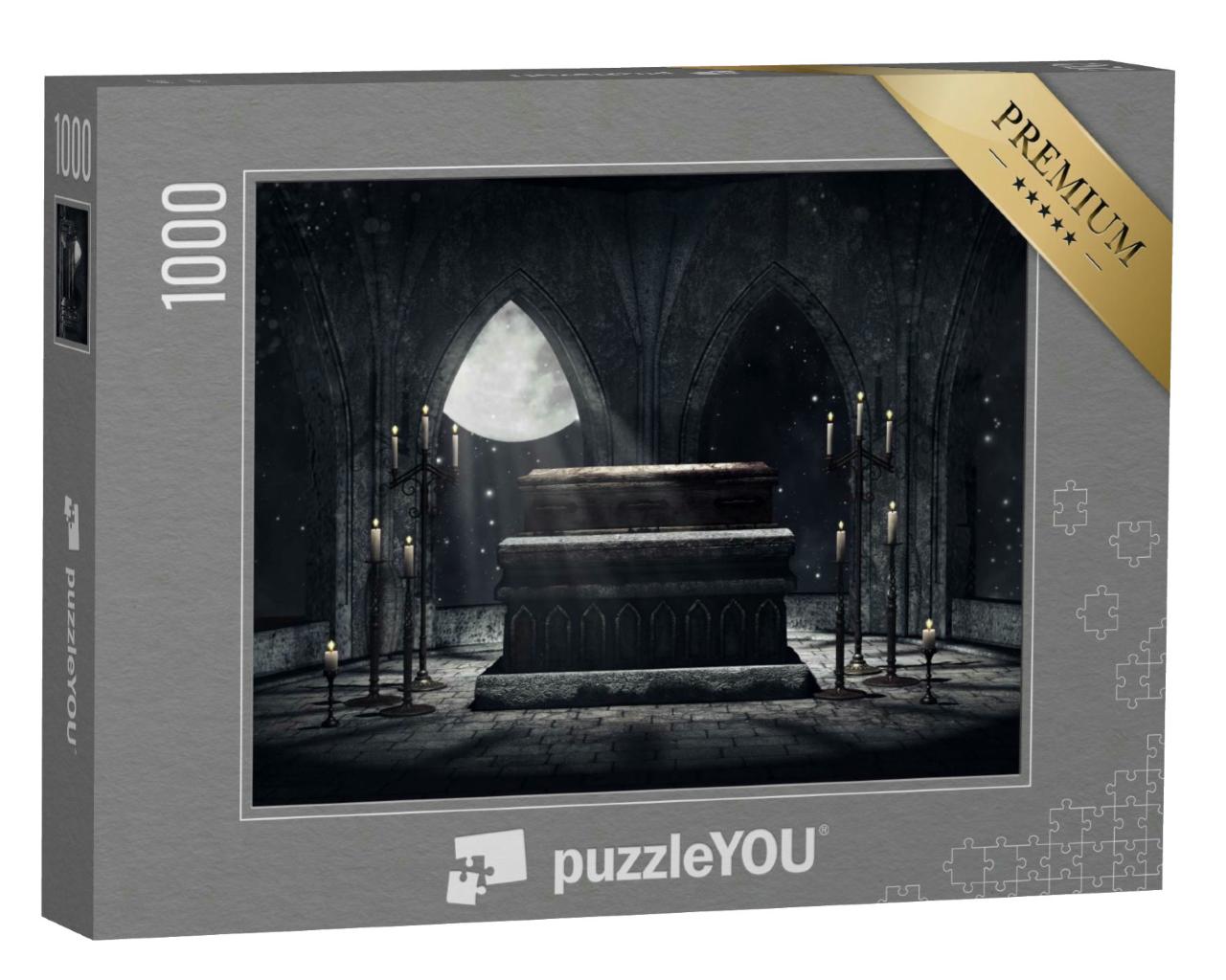 Puzzle 1000 Teile „Dunkle Vampirgruft mit Kerzen und Mondlicht“