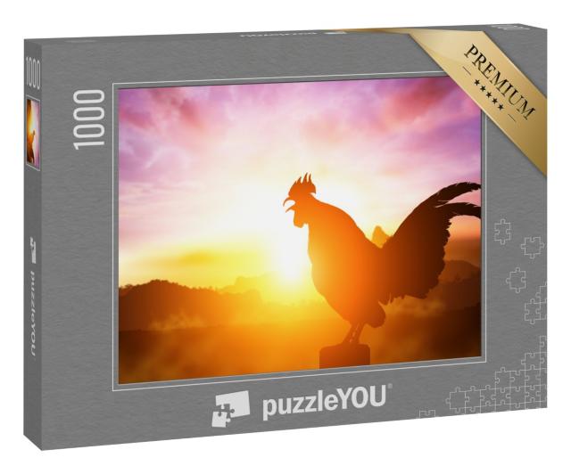 Puzzle 1000 Teile „Silhouette eines krähenden Hahnes im strahlenden Sonnenaufgang“