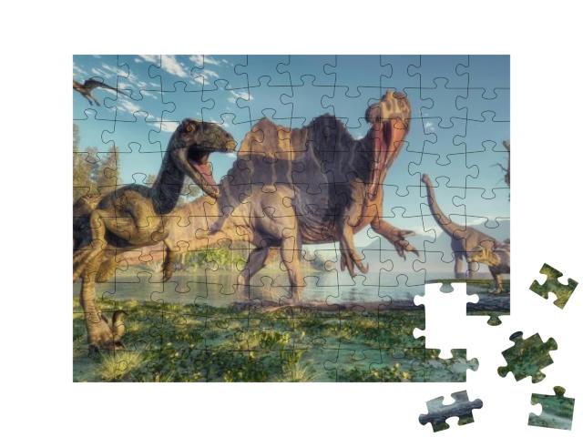 Puzzle 100 Teile „Spinosaurus und Deinonychus“