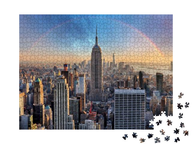 Puzzle 1000 Teile „New York City Skyline mit Wolkenkratzern und Regenbogen“
