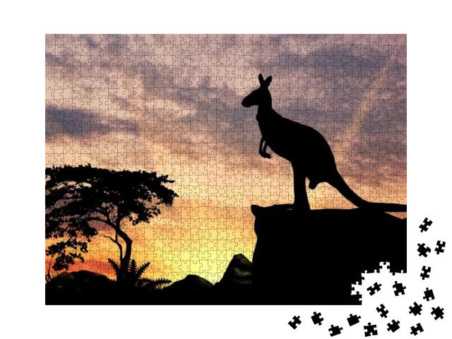 Puzzle 1000 Teile „Silhouette eines Kängurus auf einem Hügel bei Sonnenuntergang“