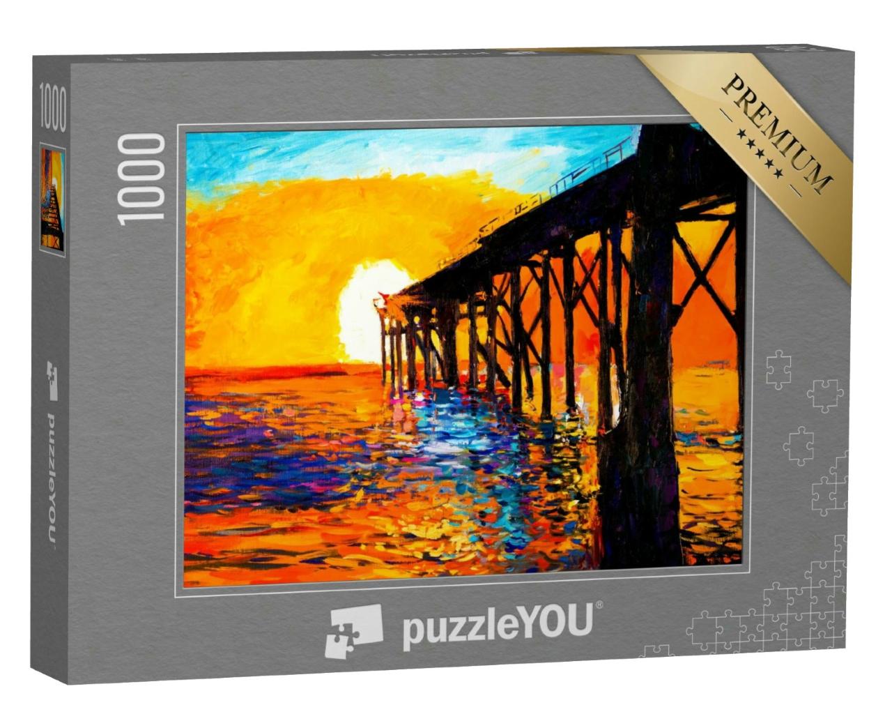 Puzzle 1000 Teile „Original Ölgemälde auf Leinwand: Sonnenuntergang über der Brücke“