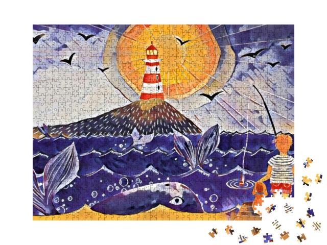 Puzzle 1000 Teile „Angelnder Junge genießt den Sonnenuntergang am Meer“