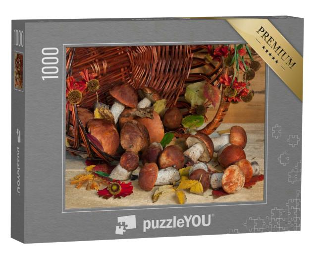 Puzzle 1000 Teile „Stillleben mit einem Korb voller Pilze und Wildblumen “