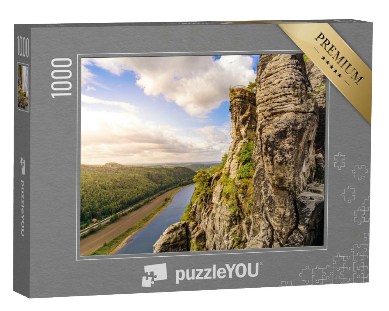 Puzzle 1000 Teile „Blick vom Aussichtspunkt Bastei auf die Elbe, Sächsische Schweiz, Deutschland“