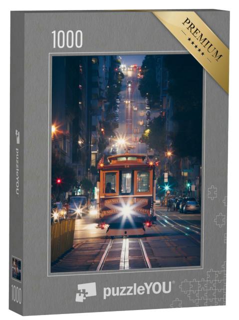 Puzzle 1000 Teile „Historische Cable Cars auf der California Street bei Nacht, San Francisco“