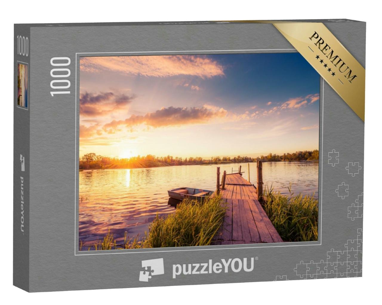 Puzzle 1000 Teile „Sonnenuntergang über dem See mit altem Holzsteg“