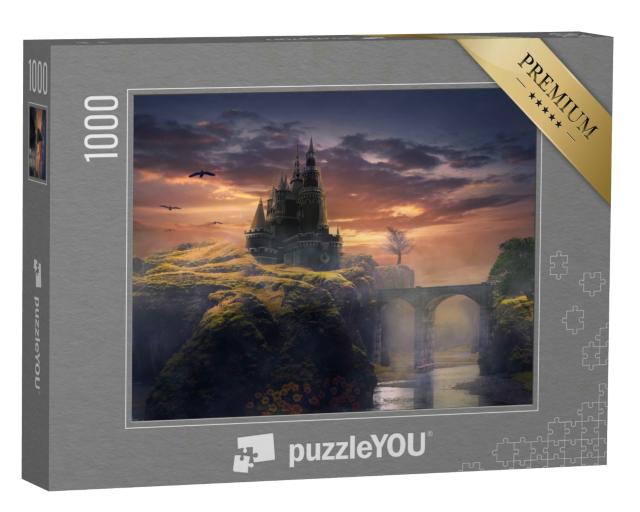 Puzzle 1000 Teile „Digitale Kunst: Düsteres Schloss in der Dämmerung“