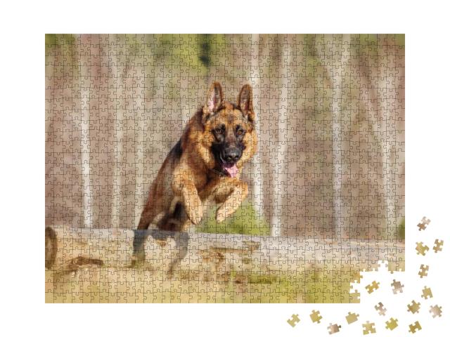 Puzzle 1000 Teile „Deutscher Schäferhund springt über einen Baumstamm“