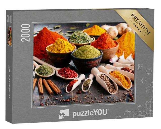 Puzzle 2000 Teile „Eine Vielzahl von Gewürzen und Kräutern auf dem Küchentisch“