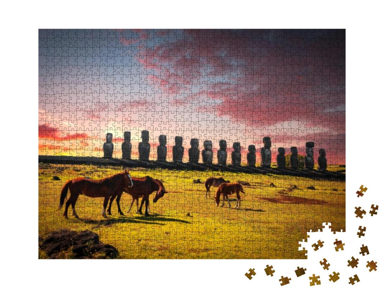 Puzzle 1000 Teile „Pferd auf der Osterinsel bei Sonnenuntergang“