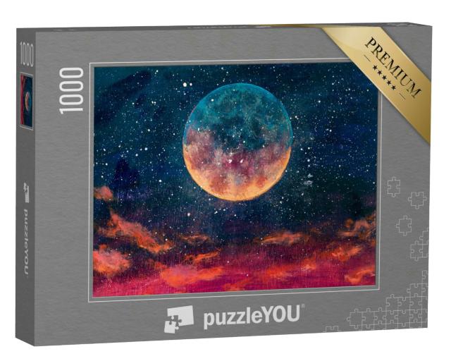 Puzzle 1000 Teile „Schönes Ölgemälde: großer Planet, Mond unter Sternen im Universum“