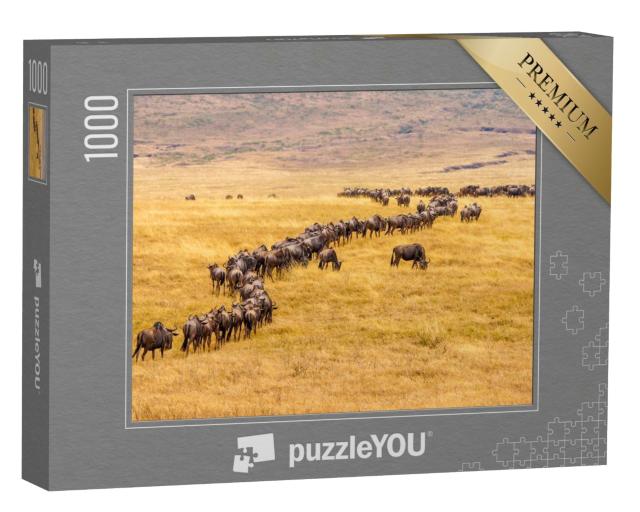 Puzzle 1000 Teile „Gnuwanderung in der afrikanischen Savanne“