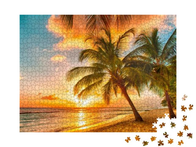 Puzzle 1000 Teile „Sonnenuntergang über dem Meer mit Blick auf Palmen, Barbados“