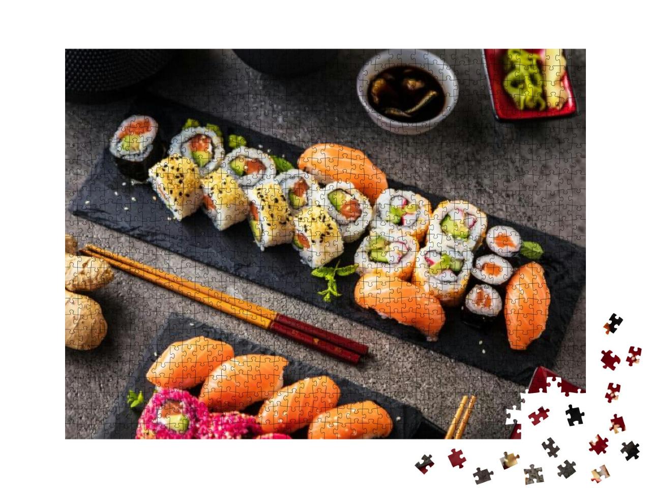 Puzzle 1000 Teile „Sushi-Sorten auf Schieferplatten mit und Ingwer“